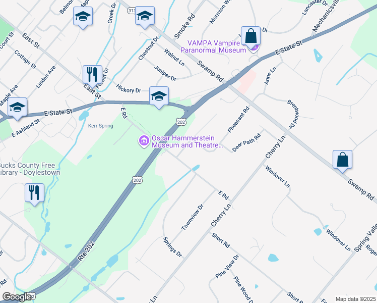 map of restaurants, bars, coffee shops, grocery stores, and more near 21 Houk Road in Doylestown