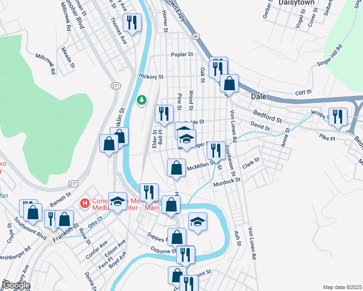 map of restaurants, bars, coffee shops, grocery stores, and more near 207 Messenger Street in Johnstown