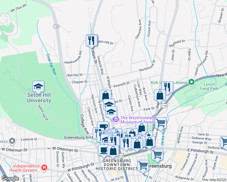 map of restaurants, bars, coffee shops, grocery stores, and more near 430 Walnut Avenue in Greensburg