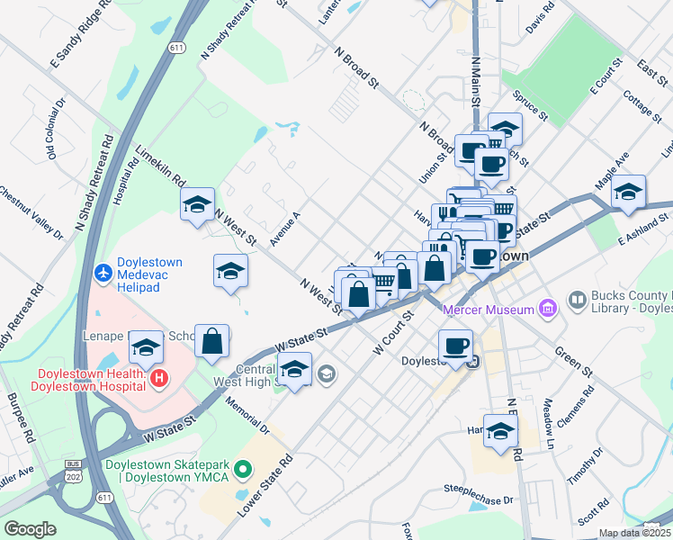 map of restaurants, bars, coffee shops, grocery stores, and more near 331 Union Street in Doylestown