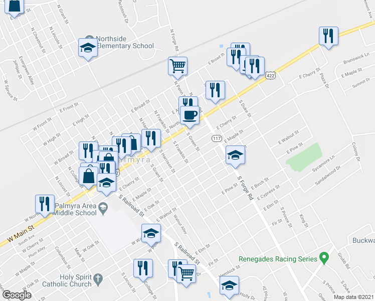 map of restaurants, bars, coffee shops, grocery stores, and more near 510 East Cherry Street in Palmyra
