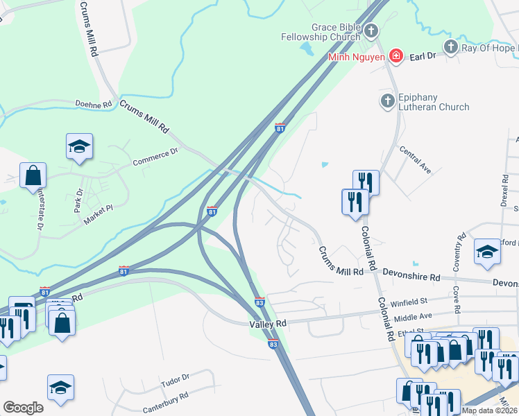 map of restaurants, bars, coffee shops, grocery stores, and more near 2785 Monticello Lane in Harrisburg