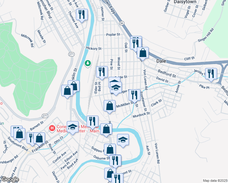 map of restaurants, bars, coffee shops, grocery stores, and more near 207 Messenger Street in Johnstown