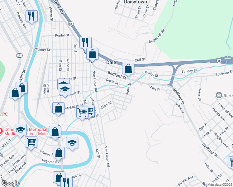 map of restaurants, bars, coffee shops, grocery stores, and more near McMillen Street in Johnstown