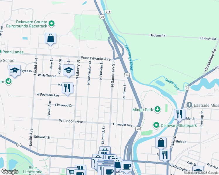 map of restaurants, bars, coffee shops, grocery stores, and more near 355 North Sandusky Street in Delaware