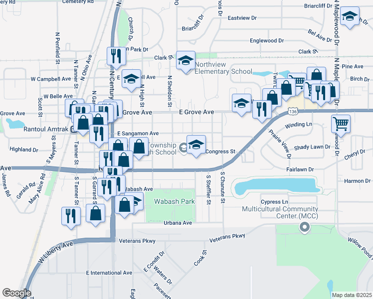 map of restaurants, bars, coffee shops, grocery stores, and more near in Rantoul