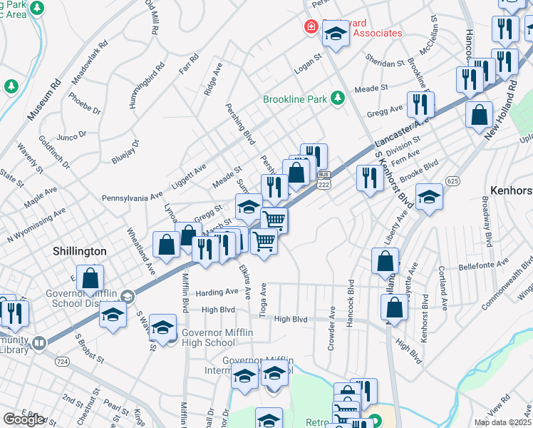 map of restaurants, bars, coffee shops, grocery stores, and more near 1643 Lancaster Ave in Reading