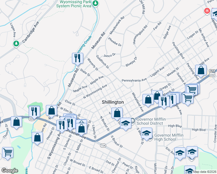 map of restaurants, bars, coffee shops, grocery stores, and more near 530 North Wyomissing Avenue in Shillington