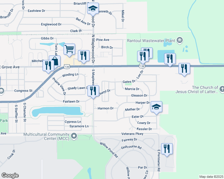 map of restaurants, bars, coffee shops, grocery stores, and more near 235 Alexander Drive in Rantoul