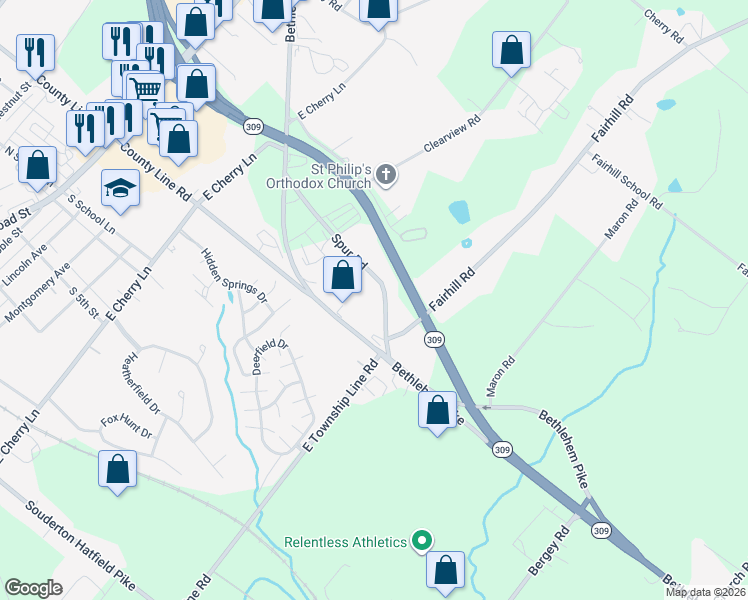 map of restaurants, bars, coffee shops, grocery stores, and more near 1024 Spur Road in Souderton