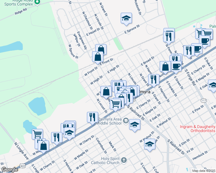 map of restaurants, bars, coffee shops, grocery stores, and more near 19 West Broad Street in Palmyra