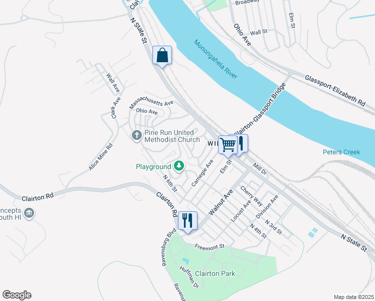 map of restaurants, bars, coffee shops, grocery stores, and more near 207 Pennsylvania Avenue in Clairton