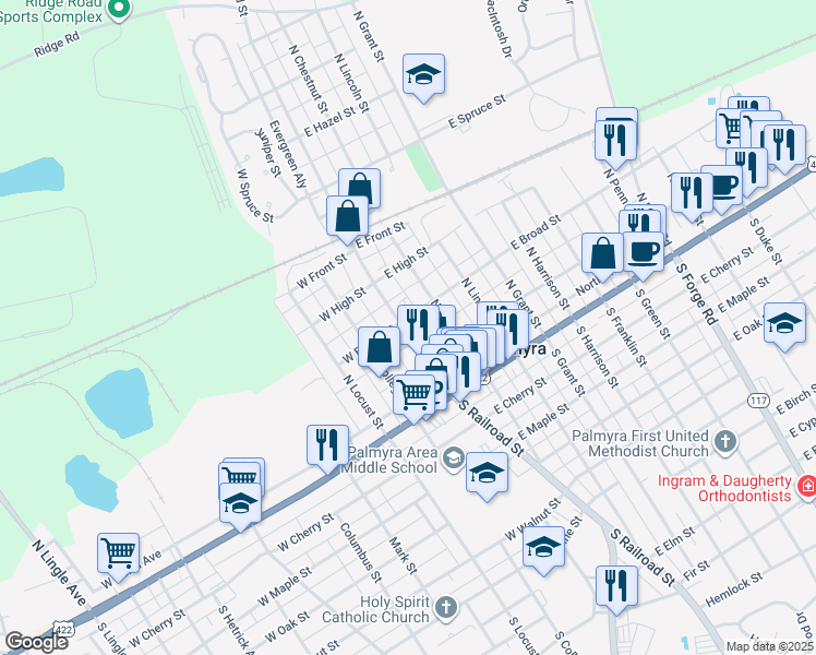 map of restaurants, bars, coffee shops, grocery stores, and more near 152 North Railroad Street in Palmyra