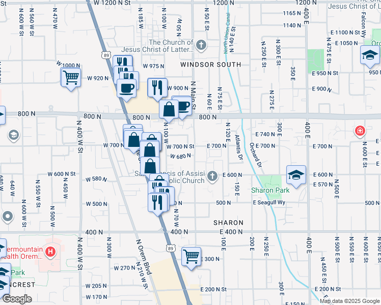 map of restaurants, bars, coffee shops, grocery stores, and more near 10 West 680 North in Orem