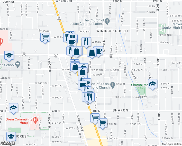 map of restaurants, bars, coffee shops, grocery stores, and more near 56 West 680 North in Orem