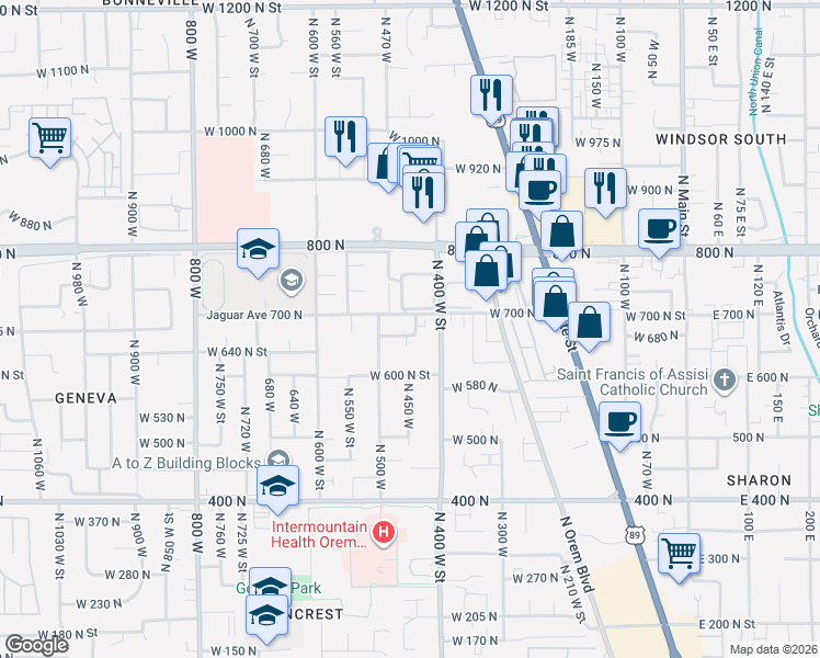 map of restaurants, bars, coffee shops, grocery stores, and more near 677 North 440 West Street in Orem