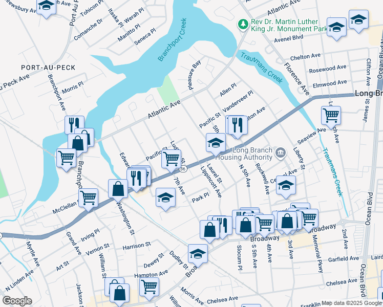map of restaurants, bars, coffee shops, grocery stores, and more near 173 Ludlow Street in Long Branch