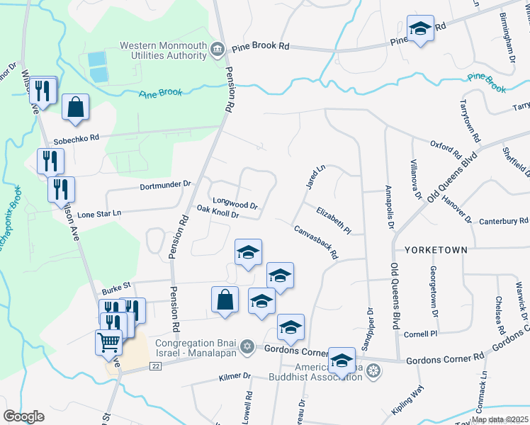 map of restaurants, bars, coffee shops, grocery stores, and more near 24 Canvasback Road in Manalapan Township