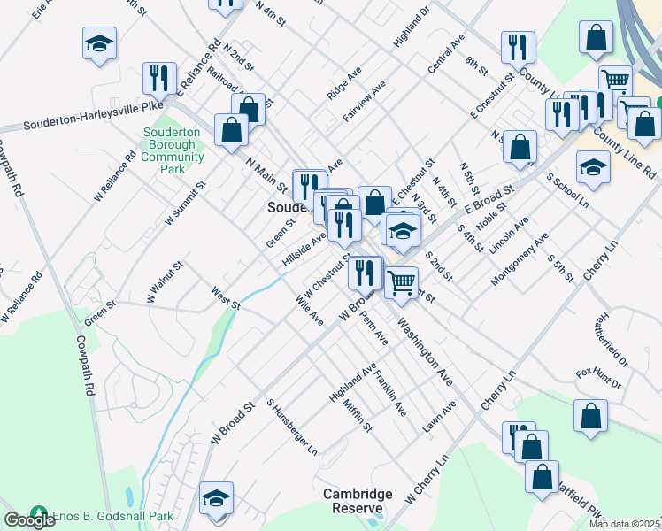 map of restaurants, bars, coffee shops, grocery stores, and more near 41 West Chestnut Street in Souderton