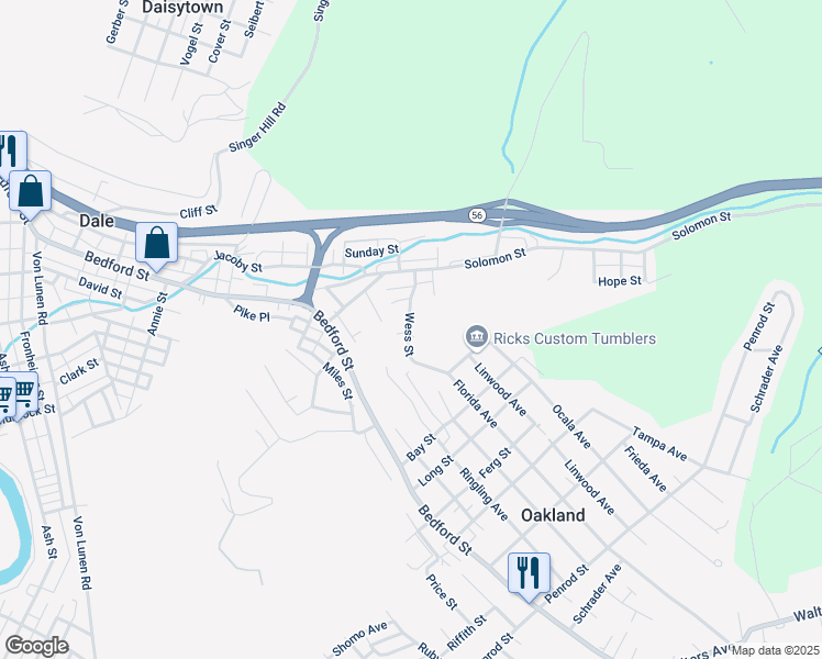 map of restaurants, bars, coffee shops, grocery stores, and more near 152 Wess Street in Johnstown