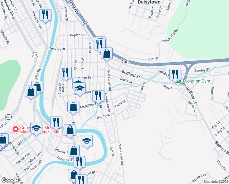 map of restaurants, bars, coffee shops, grocery stores, and more near 715 Von Lunen Road in Johnstown
