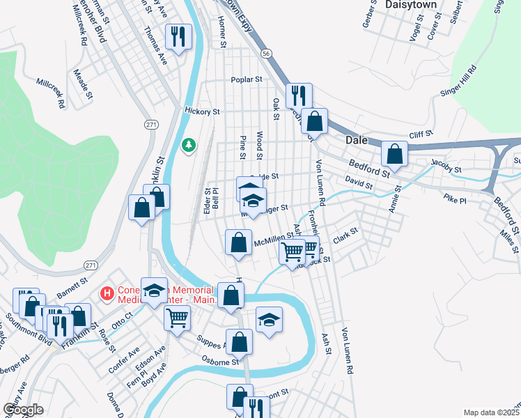 map of restaurants, bars, coffee shops, grocery stores, and more near 215 Messenger Street in Johnstown