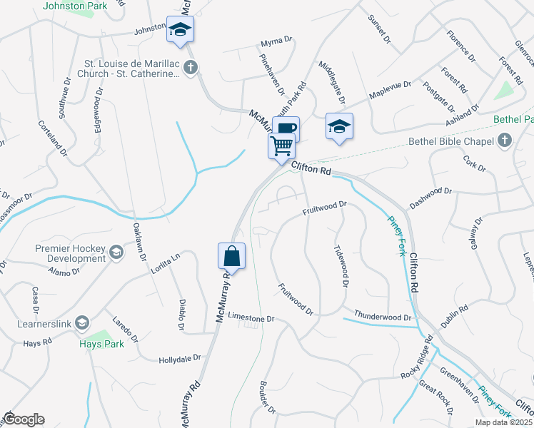 map of restaurants, bars, coffee shops, grocery stores, and more near 1270 Highfield Court in Bethel Park