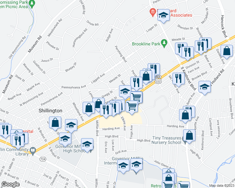 map of restaurants, bars, coffee shops, grocery stores, and more near 607 March Street in Shillington