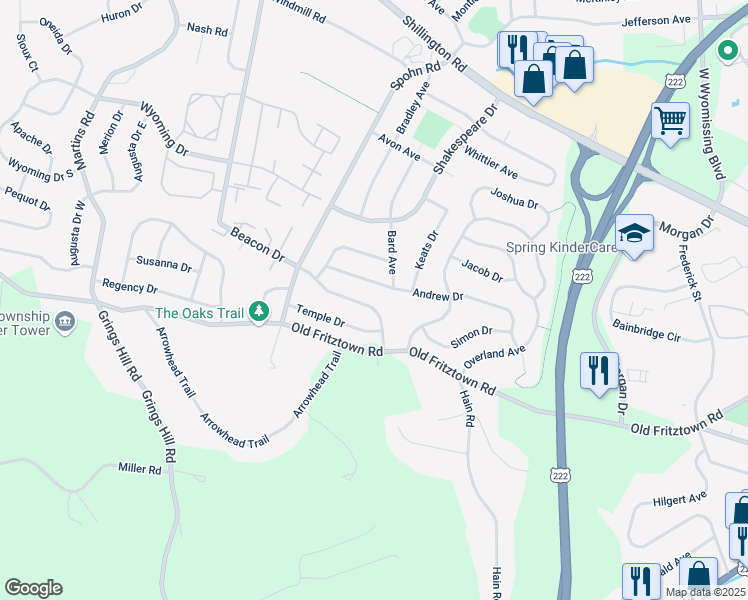 map of restaurants, bars, coffee shops, grocery stores, and more near 2710 Beacon Drive in Reading