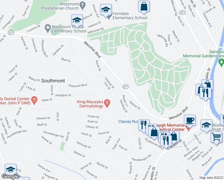 map of restaurants, bars, coffee shops, grocery stores, and more near 99 Cox Street in Johnstown