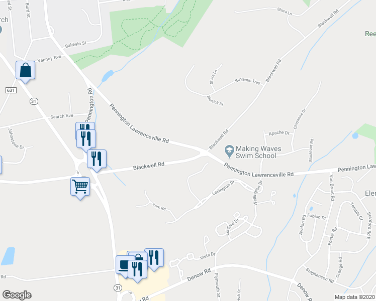 map of restaurants, bars, coffee shops, grocery stores, and more near 50 Pennington Lawrenceville Road in Pennington