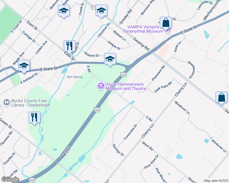 map of restaurants, bars, coffee shops, grocery stores, and more near 120 East Road in Doylestown
