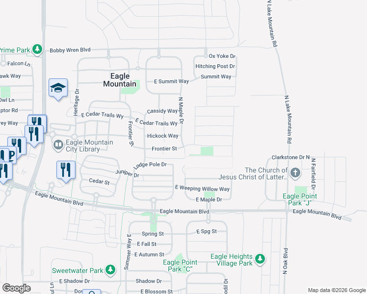 map of restaurants, bars, coffee shops, grocery stores, and more near 2305 Frontier Street in Eagle Mountain