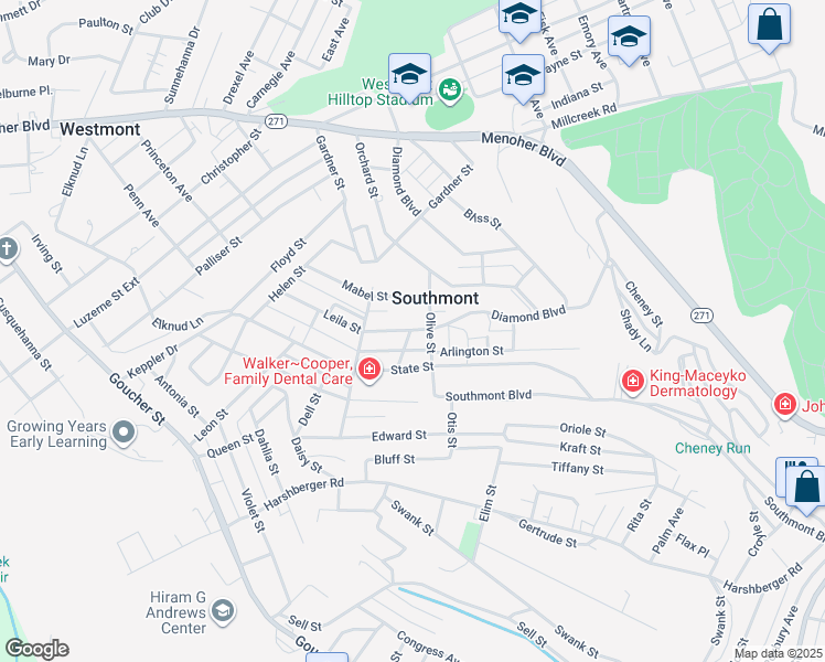 map of restaurants, bars, coffee shops, grocery stores, and more near 206 Diamond Boulevard in Johnstown