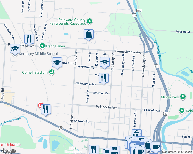 map of restaurants, bars, coffee shops, grocery stores, and more near 67 Mason Avenue in Delaware