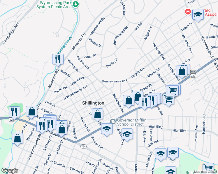 map of restaurants, bars, coffee shops, grocery stores, and more near 321 Wheatland Avenue in Shillington