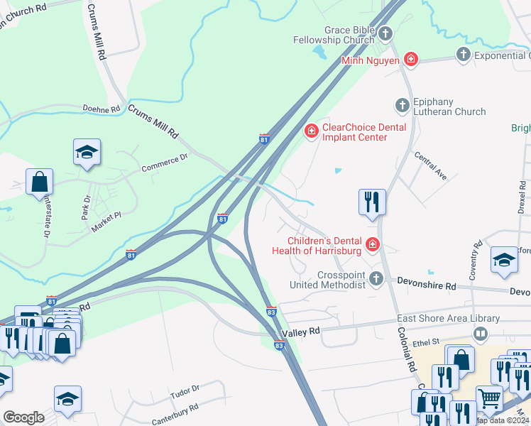 map of restaurants, bars, coffee shops, grocery stores, and more near Monticello Lane in Harrisburg