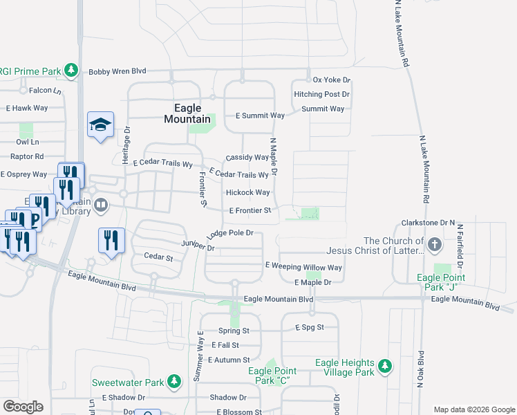 map of restaurants, bars, coffee shops, grocery stores, and more near 2153 East Frontier Street in Eagle Mountain