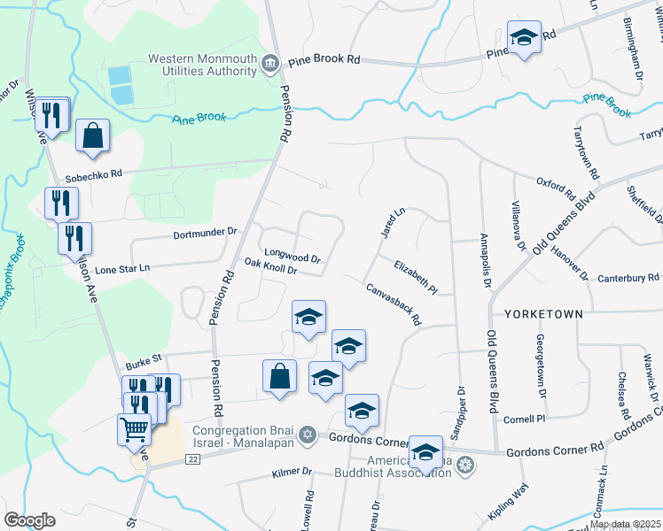 map of restaurants, bars, coffee shops, grocery stores, and more near 436 Oak Knoll Drive in Manalapan Township