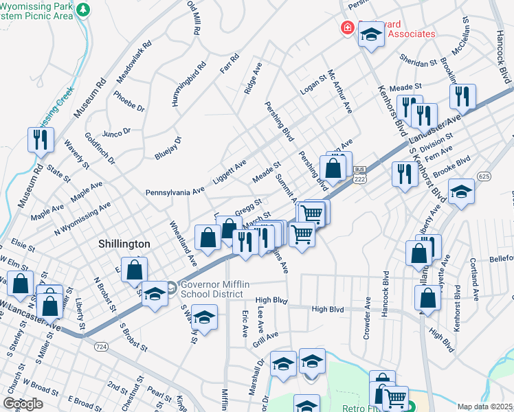 map of restaurants, bars, coffee shops, grocery stores, and more near 542 Gregg Street in Shillington