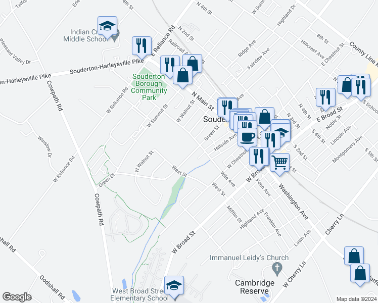 map of restaurants, bars, coffee shops, grocery stores, and more near 123 Green Street in Souderton