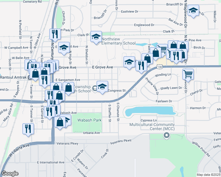 map of restaurants, bars, coffee shops, grocery stores, and more near 729 Congress Street in Rantoul