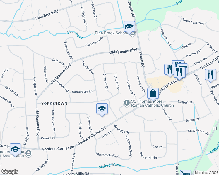 map of restaurants, bars, coffee shops, grocery stores, and more near 19 Concord Drive in Manalapan Township