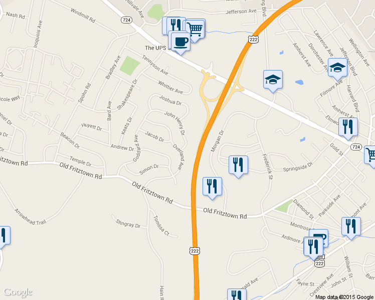 map of restaurants, bars, coffee shops, grocery stores, and more near 2403 John Henry Drive in Reading