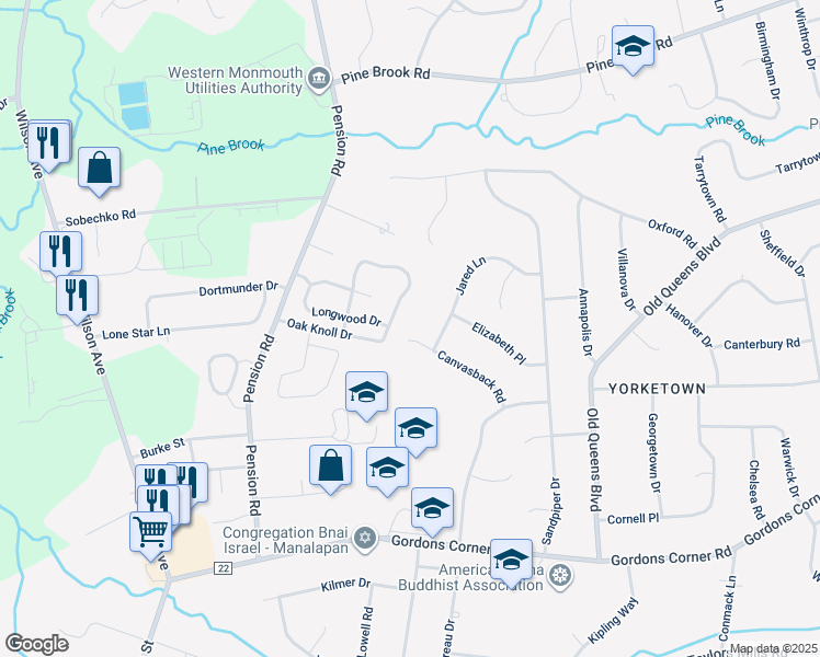 map of restaurants, bars, coffee shops, grocery stores, and more near 24 Canvasback Road in Manalapan Township