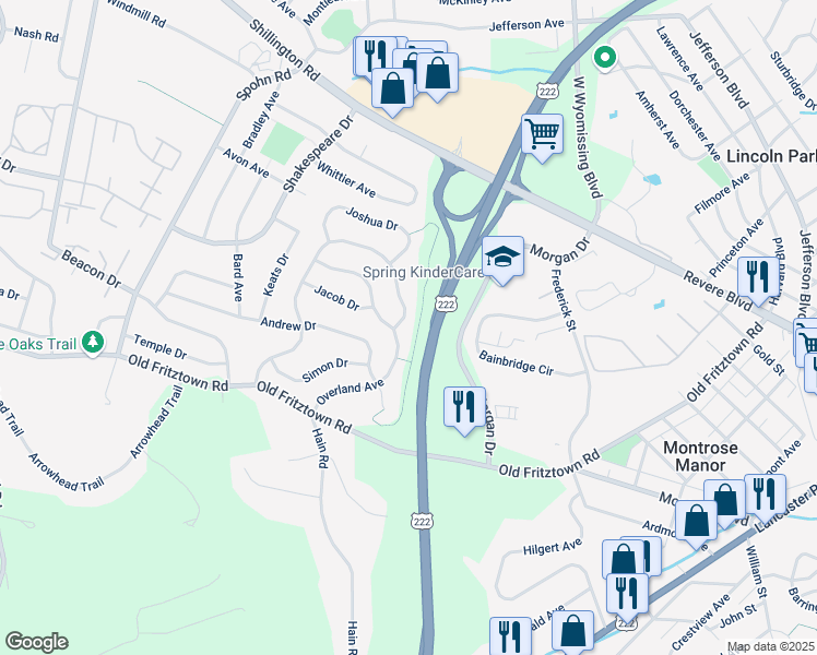 map of restaurants, bars, coffee shops, grocery stores, and more near 2403 John Henry Drive in Reading