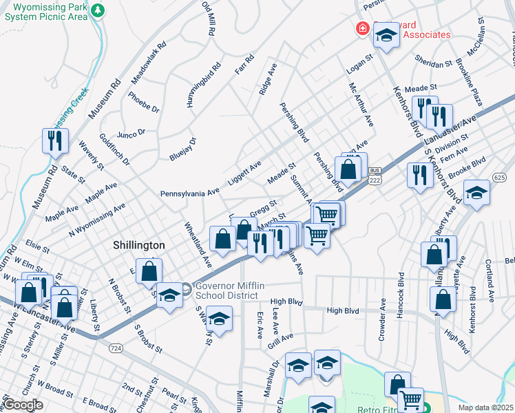 map of restaurants, bars, coffee shops, grocery stores, and more near 521 Gregg Street in Shillington