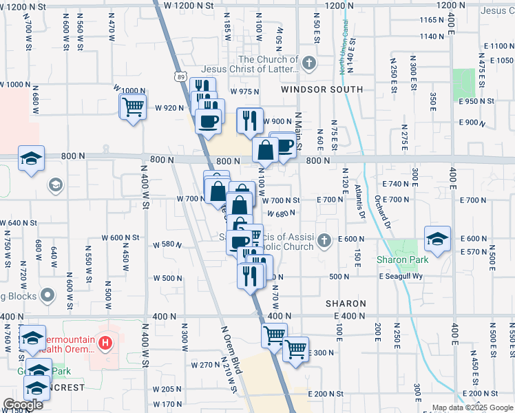 map of restaurants, bars, coffee shops, grocery stores, and more near 657 North 100 West in Orem