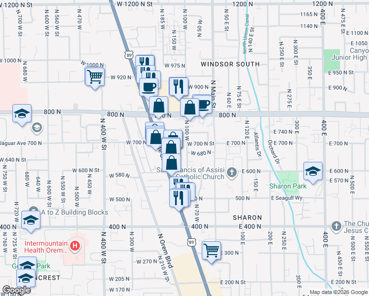 map of restaurants, bars, coffee shops, grocery stores, and more near 657 North 100 West in Orem