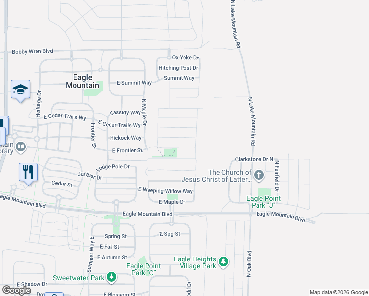 map of restaurants, bars, coffee shops, grocery stores, and more near 2393 Frontier Street in Eagle Mountain